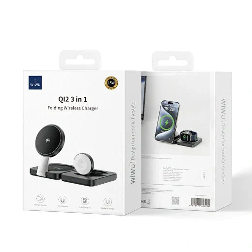 WiWU W028 qi2 3 in 1 Foldable Wireless Charger, Black (New)