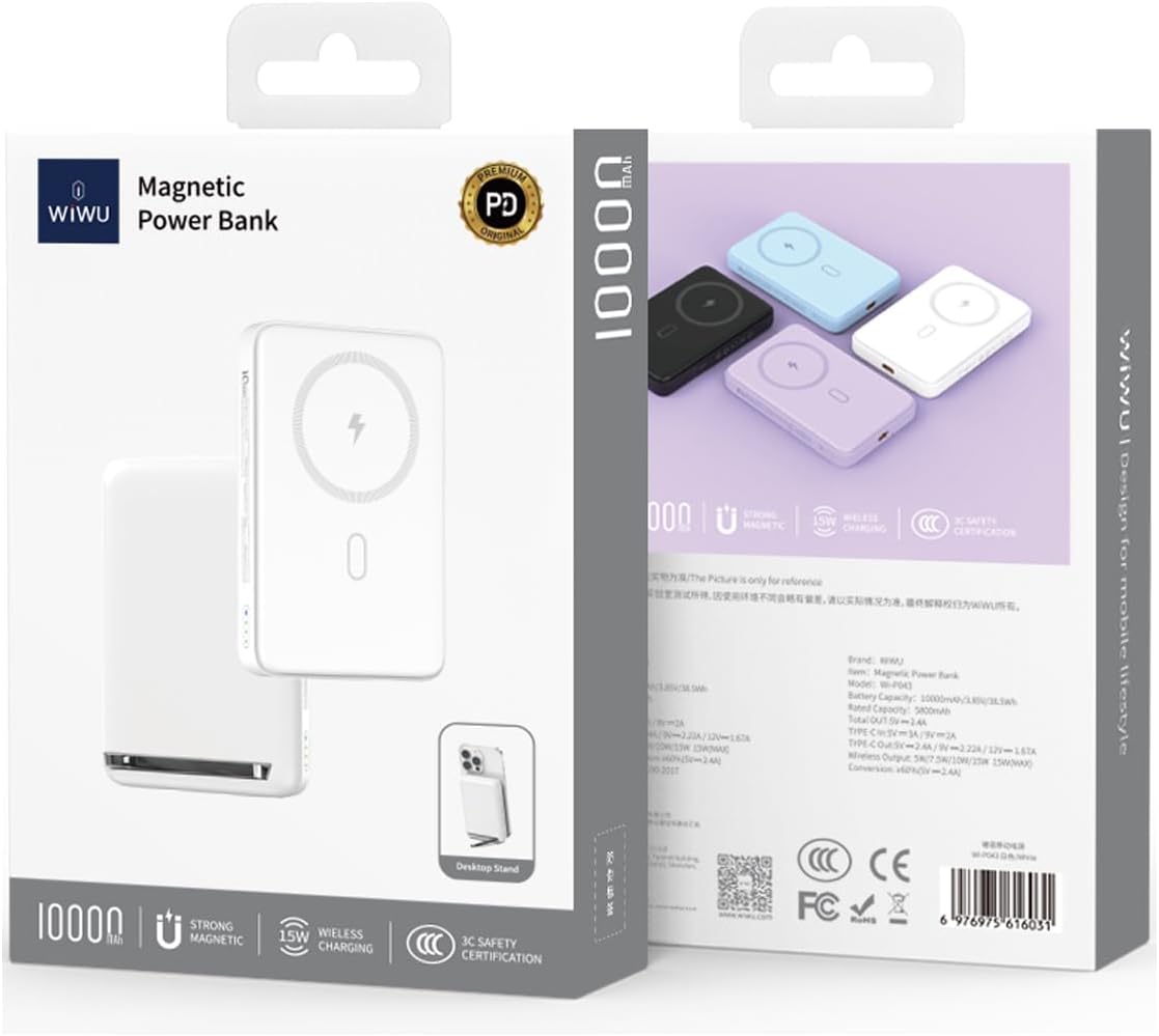 WiWU P043 Qi2 Magnetic Power Bank 10000mAh, White