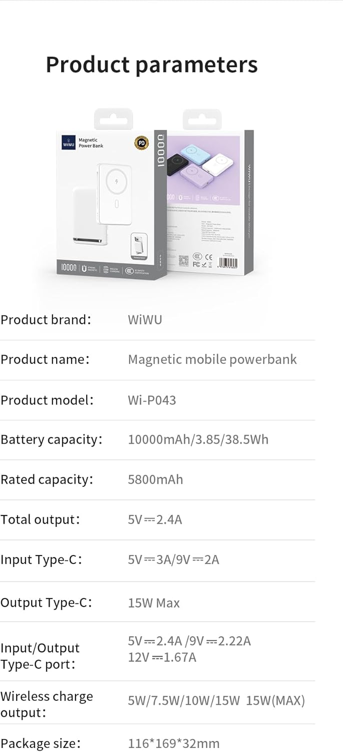 WiWU P043 Qi2 Magnetic Power Bank 10000mAh, White